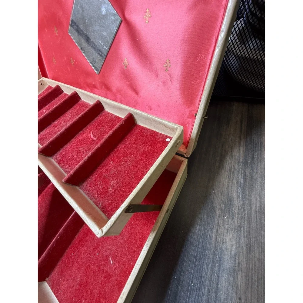 Vintage Mid Century Jewelry Box Gold Starburst Cream Red Tiered‎ Vanity Case